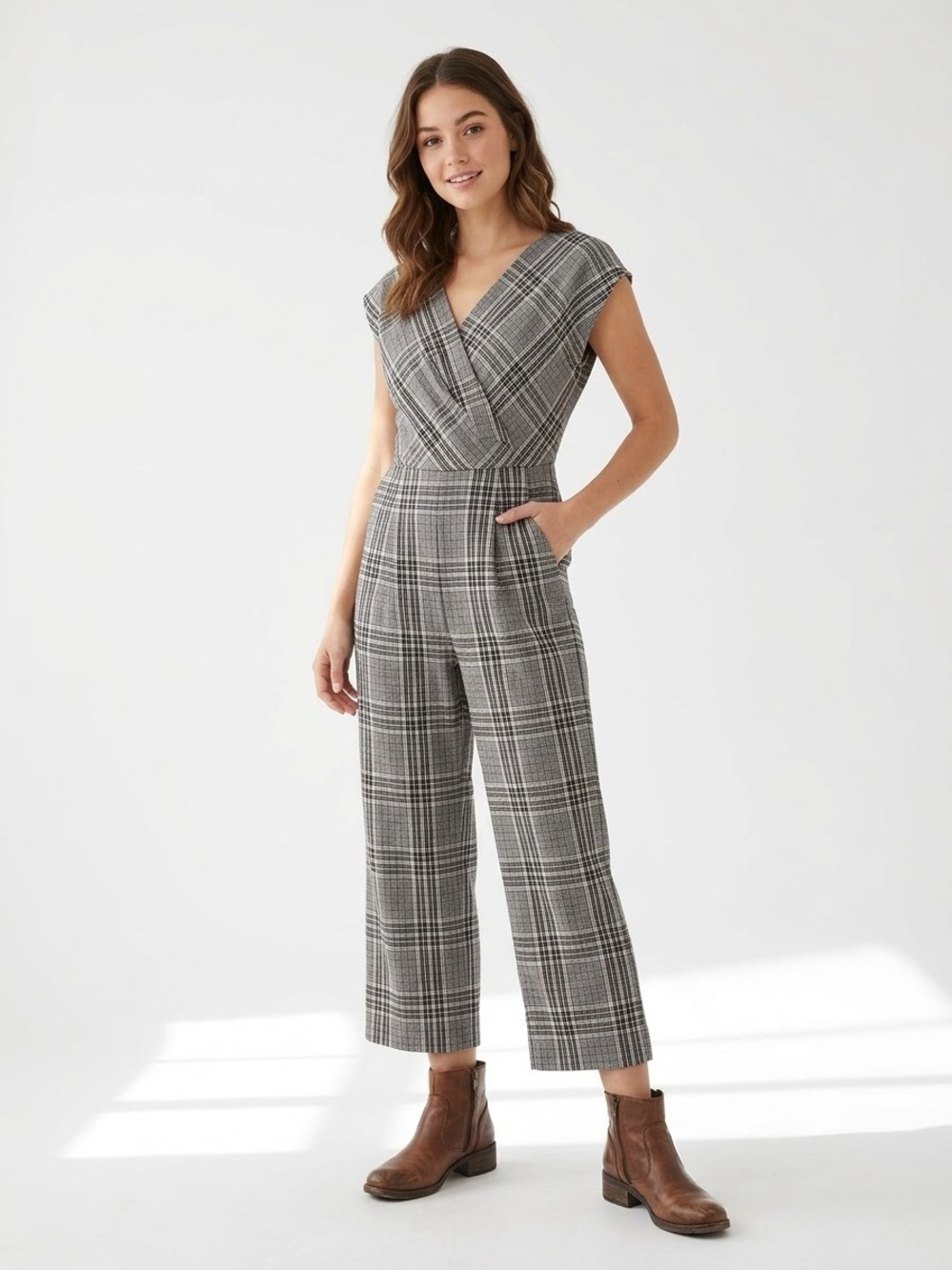 Oak and Fort Plaid Wrap V-Neck Cropped Wide Leg Jumpsuit XS